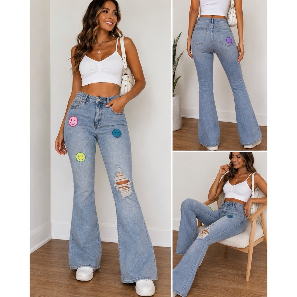 FashionNova Smiley Patch Flare Jeans Size 14 Light Wash Distressed Stretch Denim